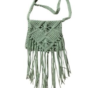 Green boho macrame cross body bag small hippie purse with fring